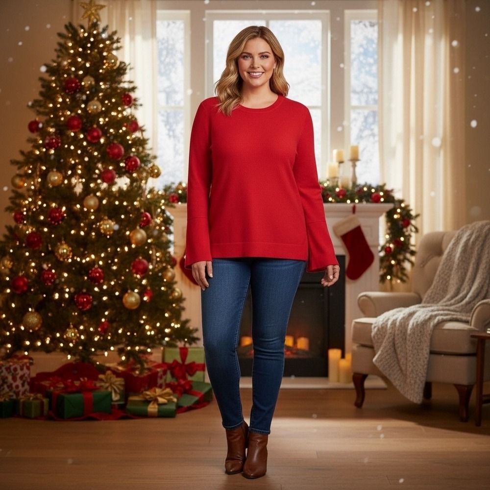Talbots Red Crew Neck‎ Long Sleeve Knit Sweater with Button Details Size XL